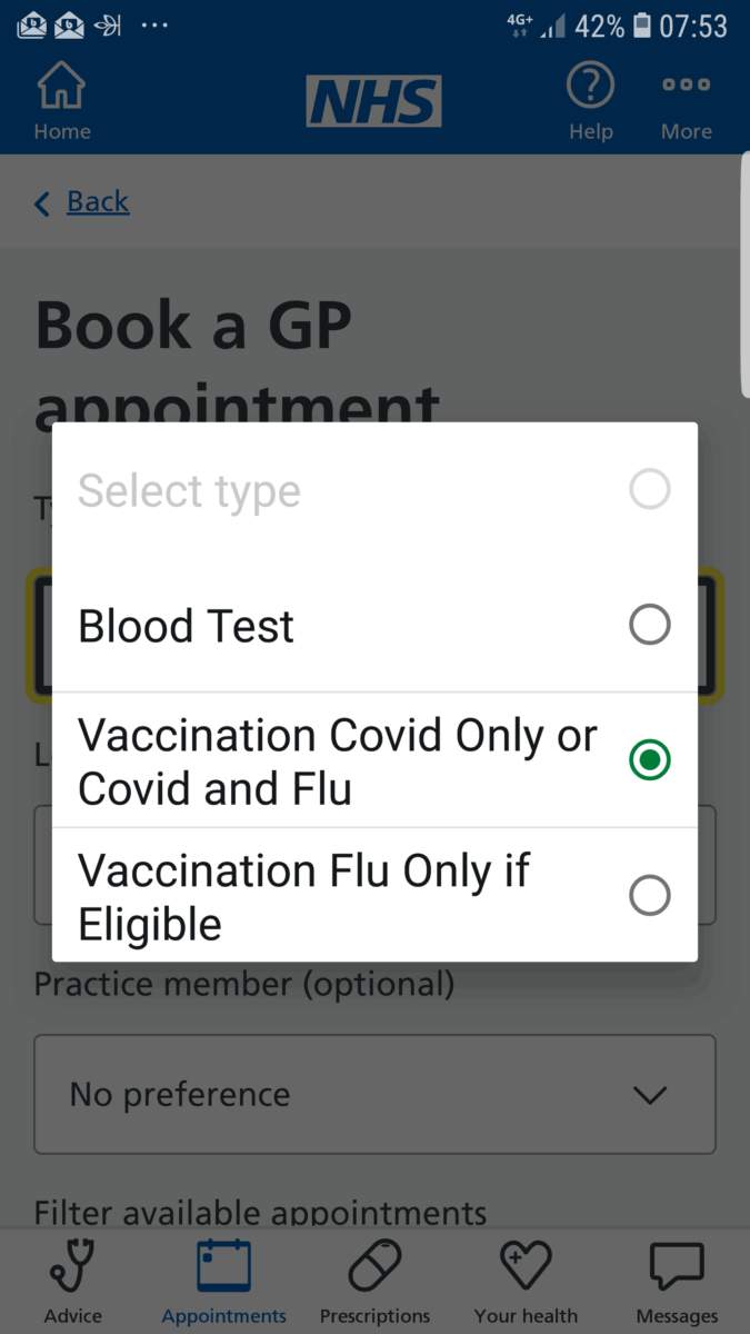 Screenshot from the NHS App
